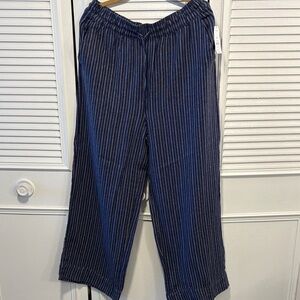 Navy Pinstripe Linen-blend Elastic Waist Pants